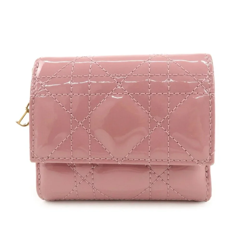 ❤️Authentic Christian Dior Lady Dior Canage Patent Leather Tri-fold Wallet ❤️